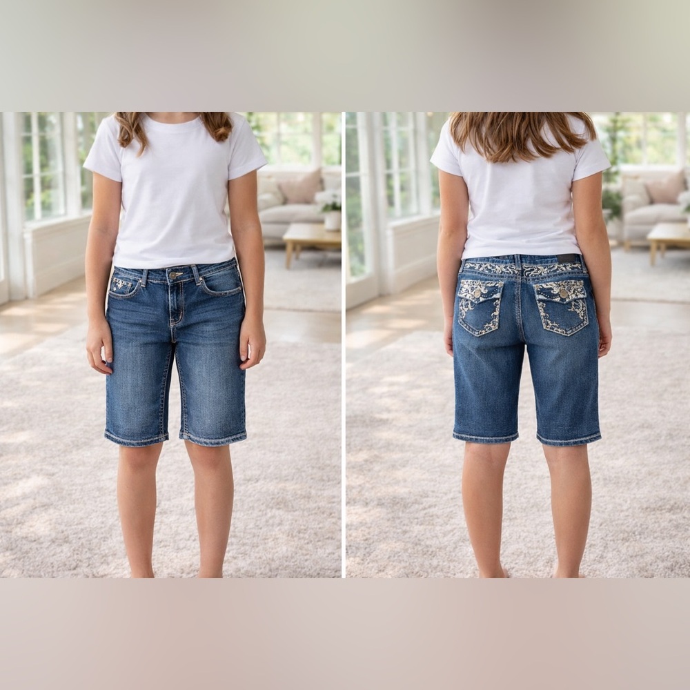Soundgirl Girls Blue Embroidered Denim Bermuda Shorts